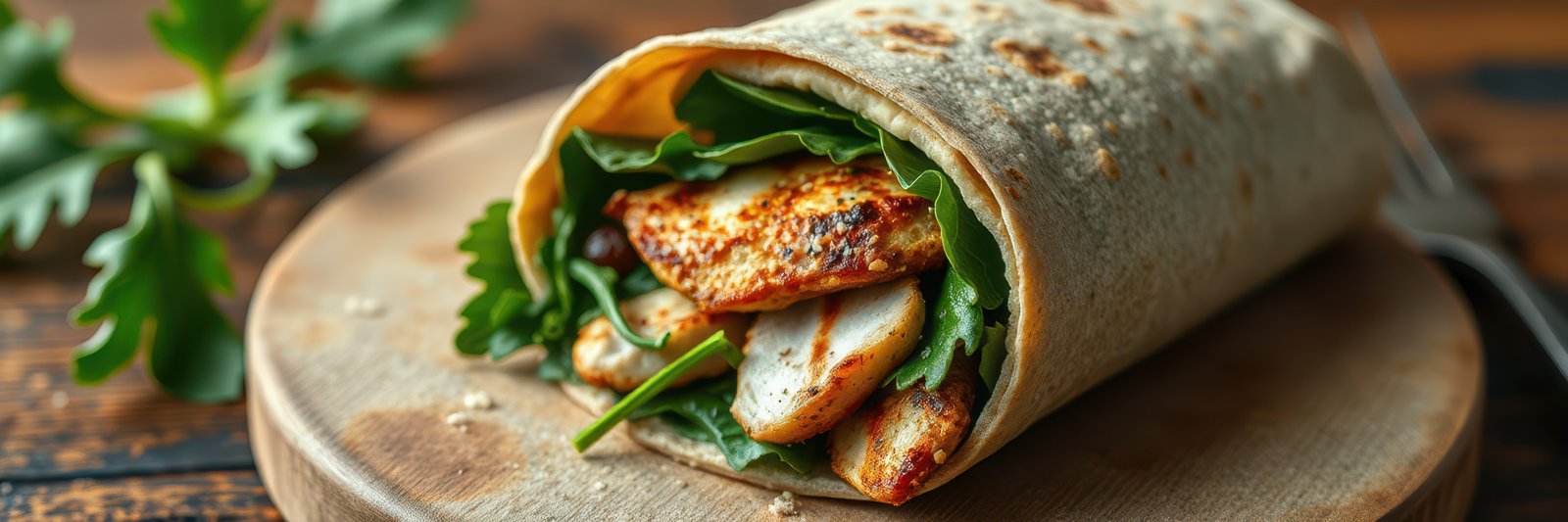 Delicious grilled chicken wrap prepared with fresh greens on a wooden board